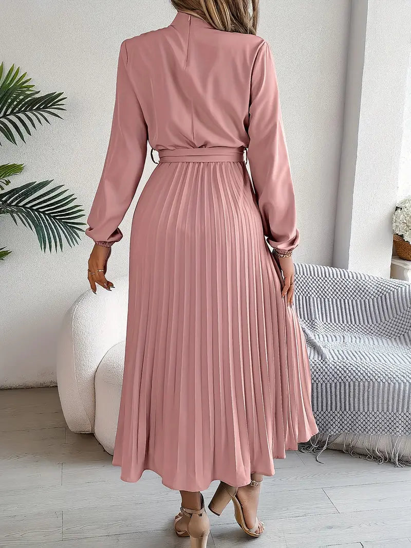 Eloro – Pleated Midi Dress with Belted Waist and Long Sleeves