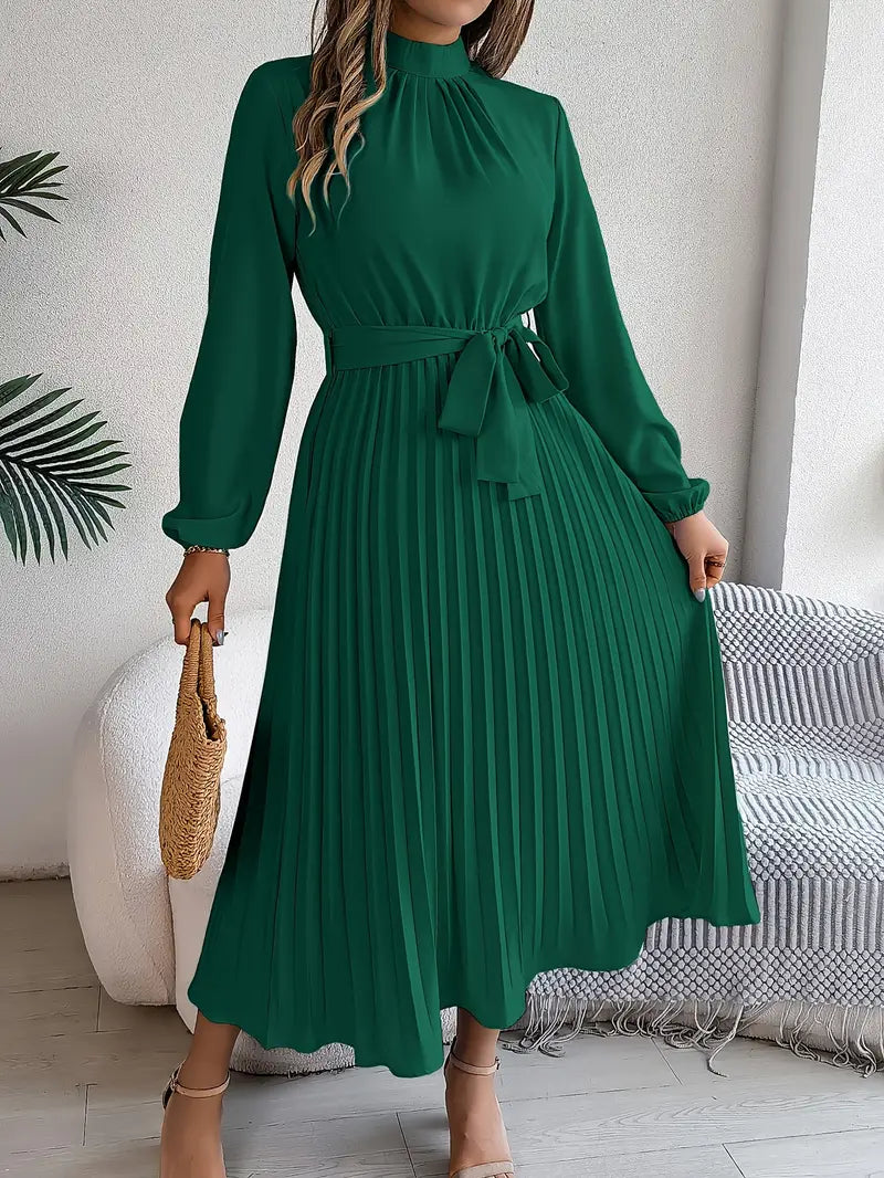 Eloro – Pleated Midi Dress with Belted Waist and Long Sleeves