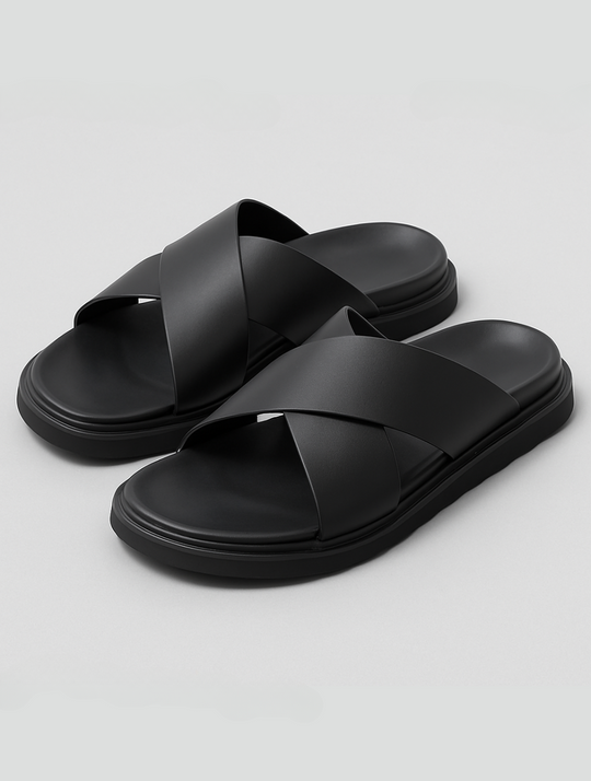 Eloro – Men’s Cross-Tied Leather Slides with Contoured Footbed