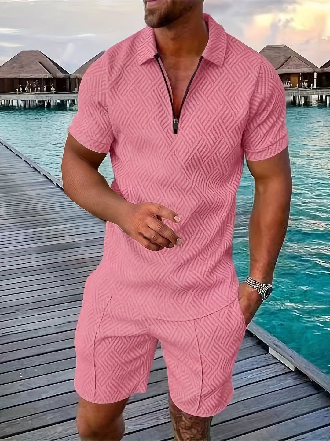 Eloro – Geometric Zip Polo and Shorts Set for Summer Getaways