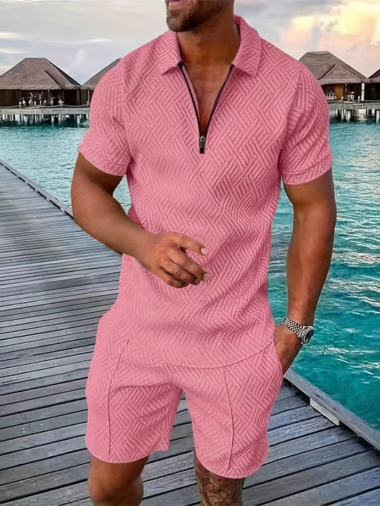 Eloro – Geometric Zip Polo and Shorts Set for Summer Getaways