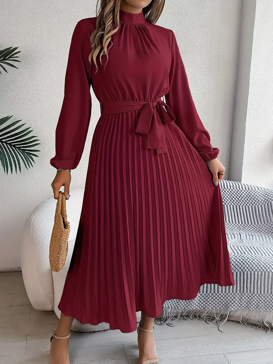 Eloro – Pleated Midi Dress with Belted Waist and Long Sleeves
