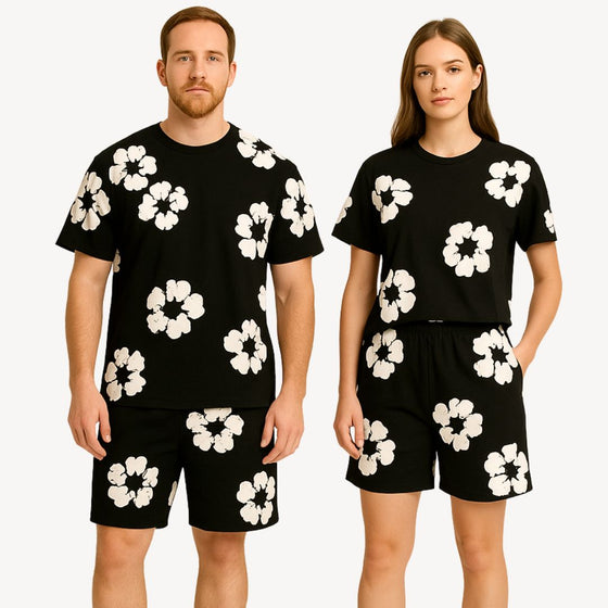 Eloro – Unisex Cotton Floral Set with Crew Neck Tee and Relaxed Shorts