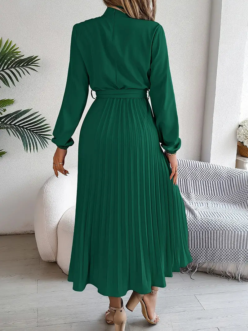 Eloro – Pleated Midi Dress with Belted Waist and Long Sleeves