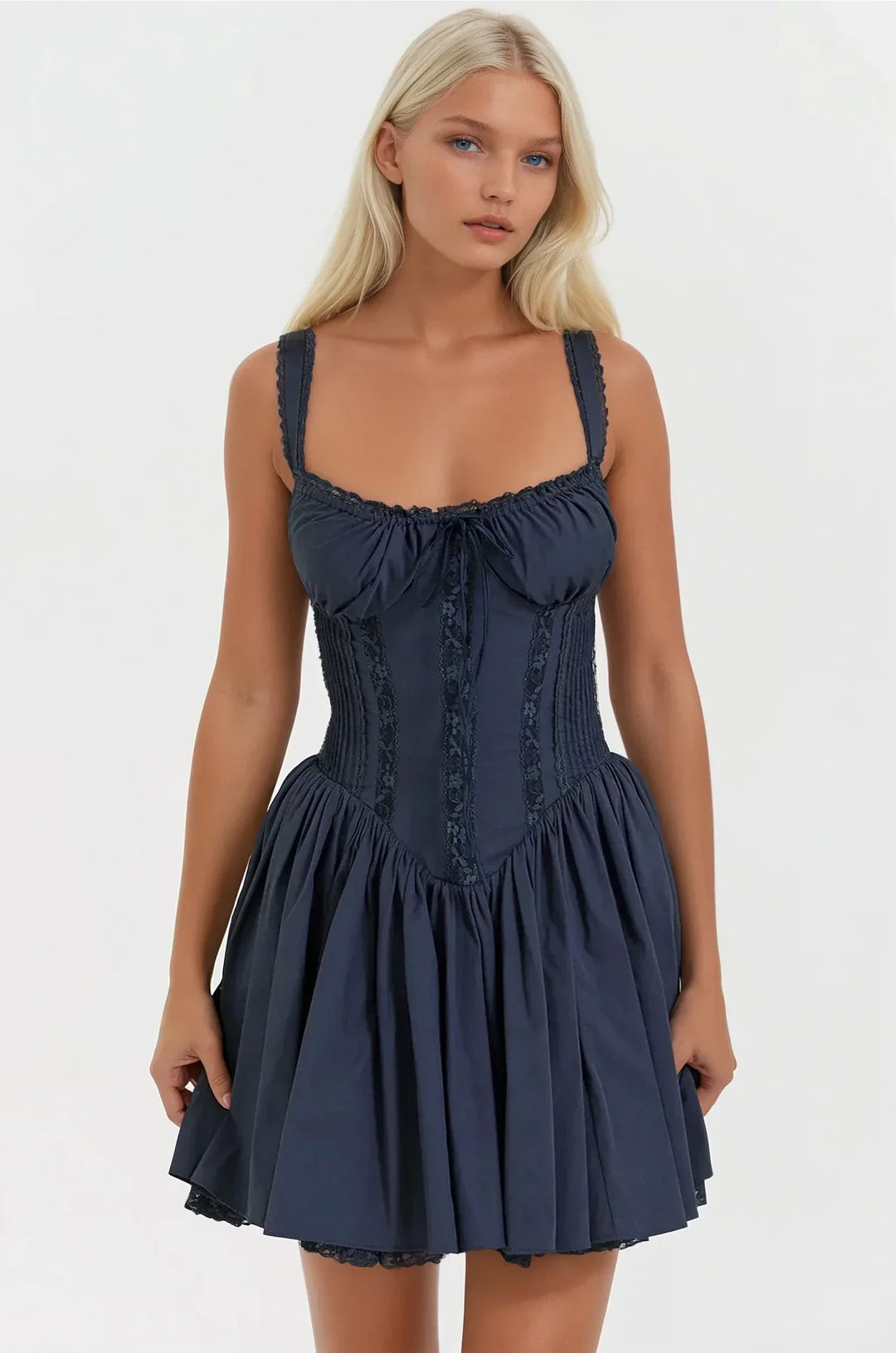 Eloro – Women’s Corset-Style Mini Dress with Flared Skirt and Satin Finish