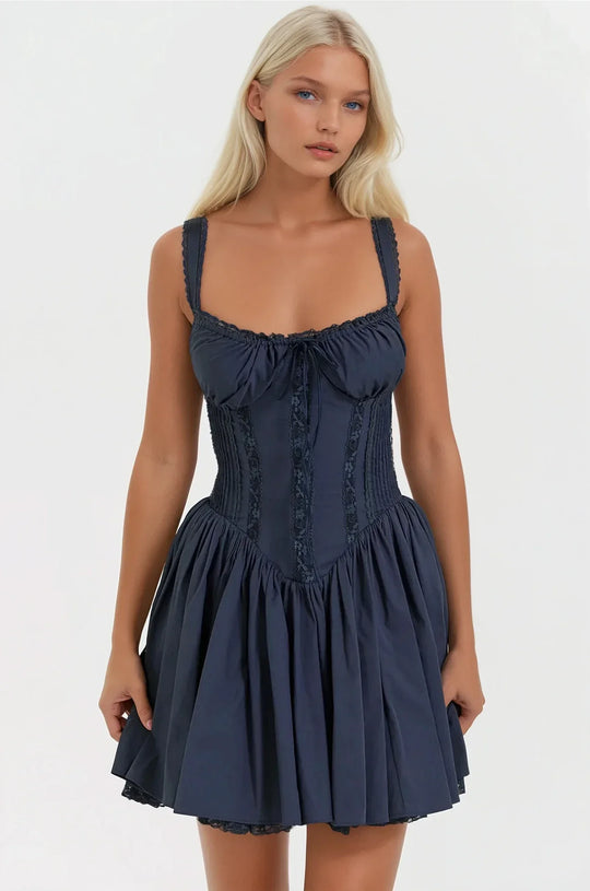 Eloro – Women’s Corset-Style Mini Dress with Flared Skirt and Satin Finish