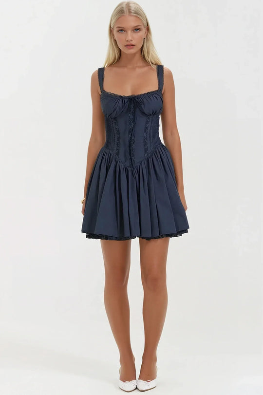 Eloro – Women’s Corset-Style Mini Dress with Flared Skirt and Satin Finish