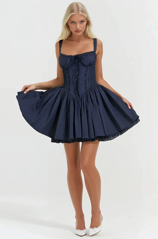 Eloro – Women’s Corset-Style Mini Dress with Flared Skirt and Satin Finish