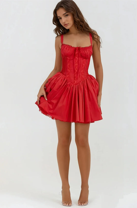 Eloro – Women’s Corset-Style Mini Dress with Flared Skirt and Satin Finish