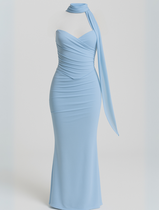 Eloro – Strapless Maxi Dress with Ruched Bodice and Matching Choker