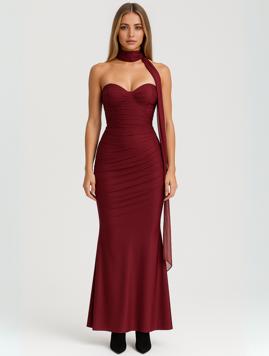 Eloro – Strapless Maxi Dress with Ruched Bodice and Matching Choker