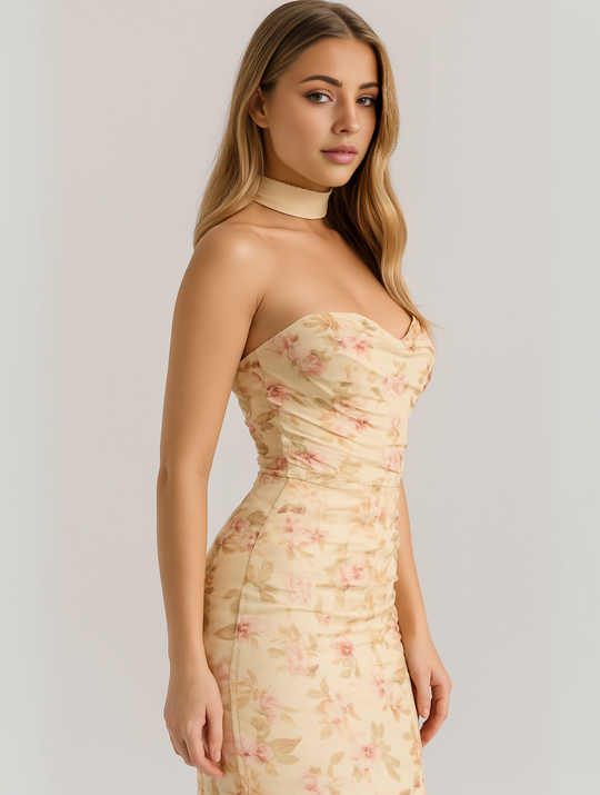 Eloro – Strapless Maxi Dress with Ruched Bodice and Matching Choker