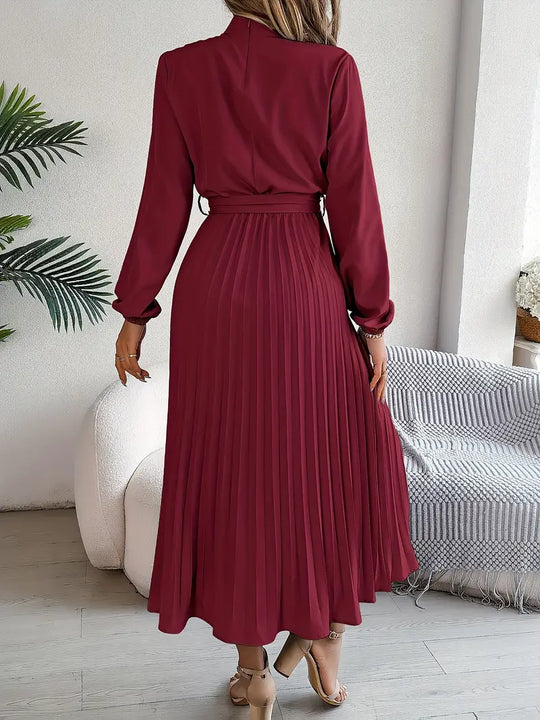 Eloro – Pleated Midi Dress with Belted Waist and Long Sleeves
