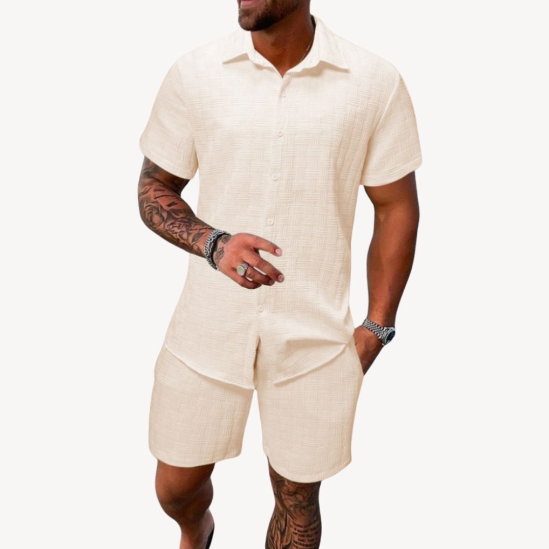 Eloro – Men’s Linen Blend Short Set with Button-Up Shirt and Drawstring Shorts