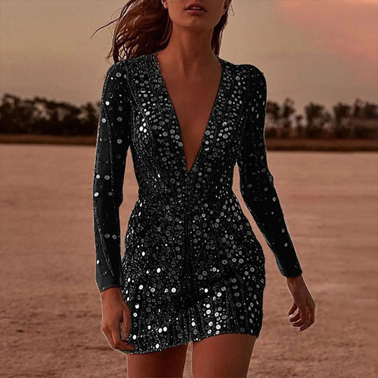 Eloro – Sequin Mini Dress with Plunging V-Neck and Long Sleeves