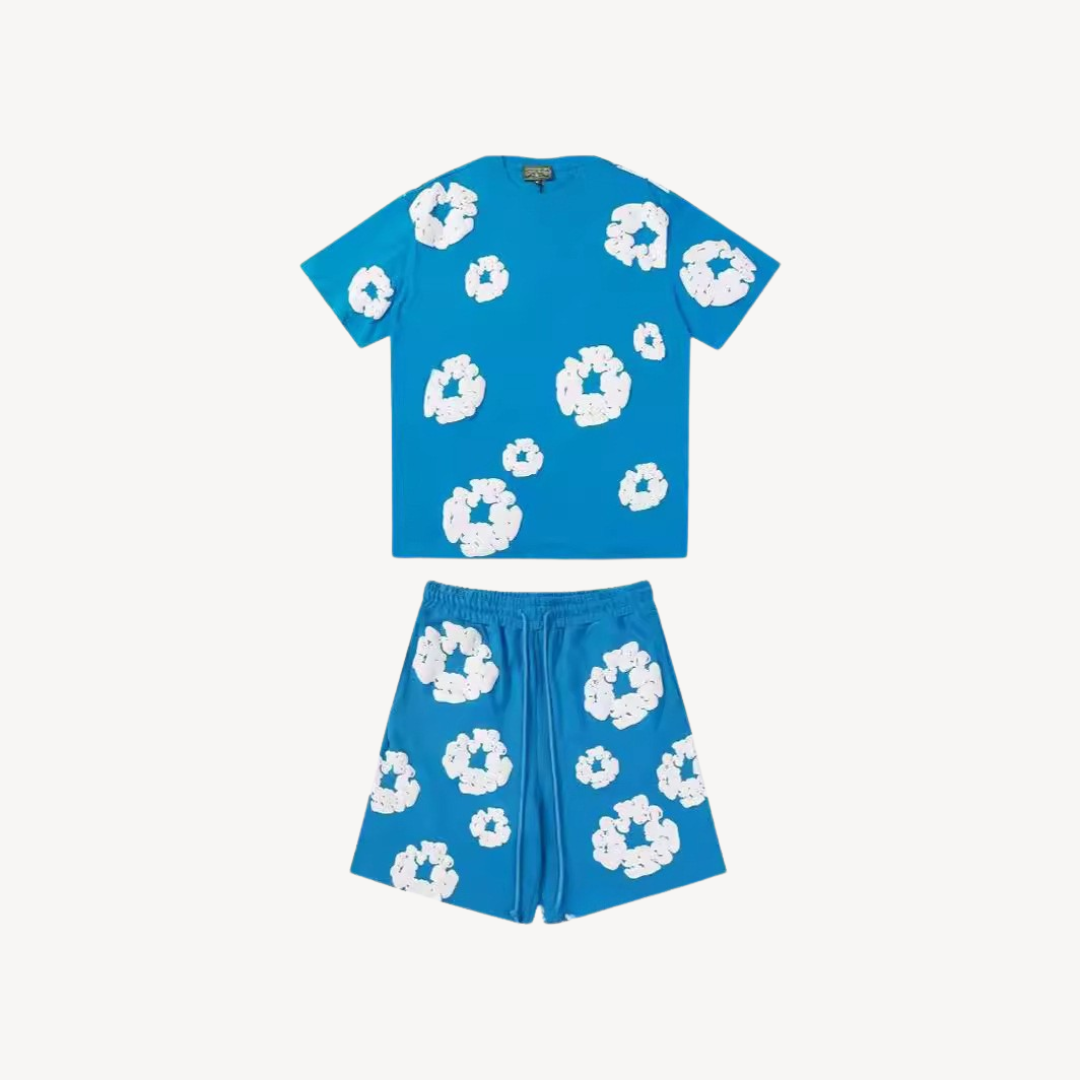 Eloro – Unisex Cotton Floral Set with Crew Neck Tee and Relaxed Shorts