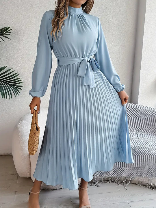 Eloro – Pleated Midi Dress with Belted Waist and Long Sleeves