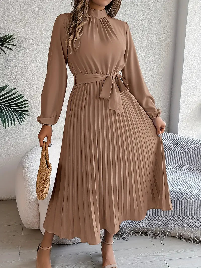 Eloro – Pleated Midi Dress with Belted Waist and Long Sleeves