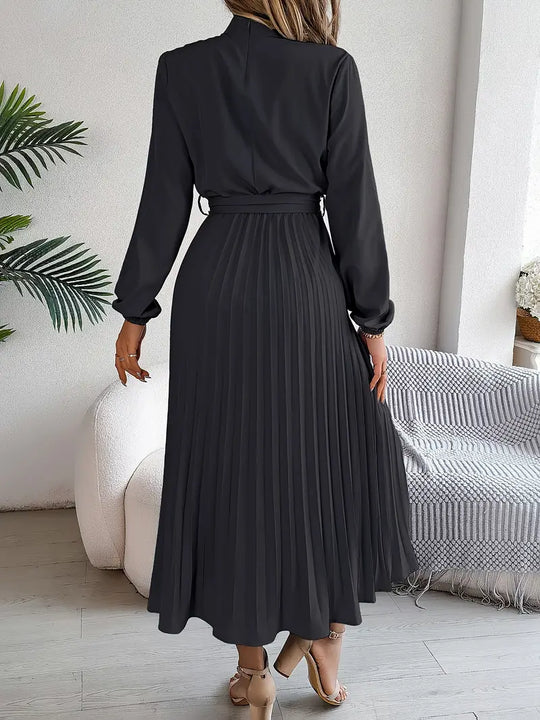 Eloro – Pleated Midi Dress with Belted Waist and Long Sleeves
