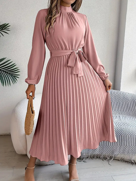 Eloro – Pleated Midi Dress with Belted Waist and Long Sleeves