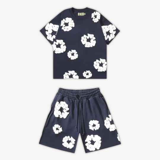 Eloro – Unisex Cotton Floral Set with Crew Neck Tee and Relaxed Shorts