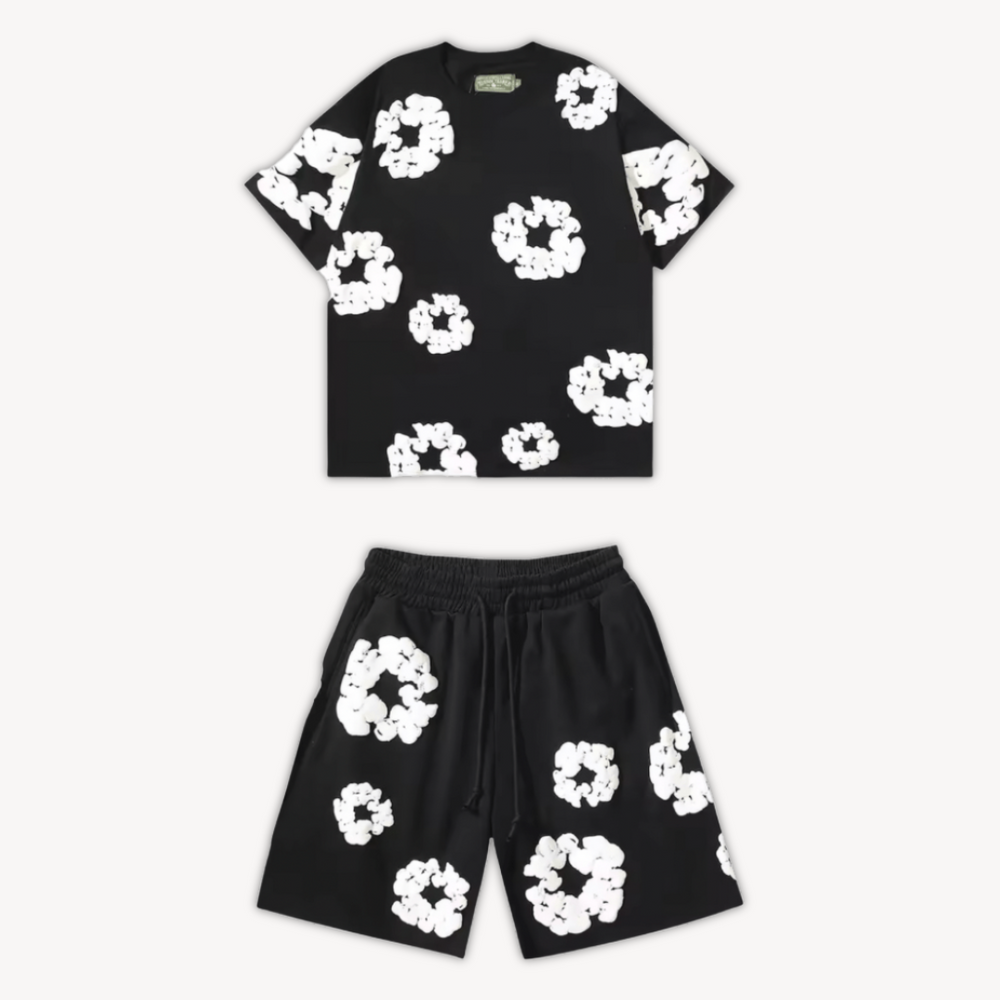 Eloro – Unisex Cotton Floral Set with Crew Neck Tee and Relaxed Shorts