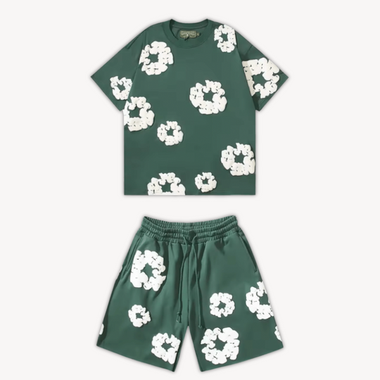 Eloro – Unisex Cotton Floral Set with Crew Neck Tee and Relaxed Shorts