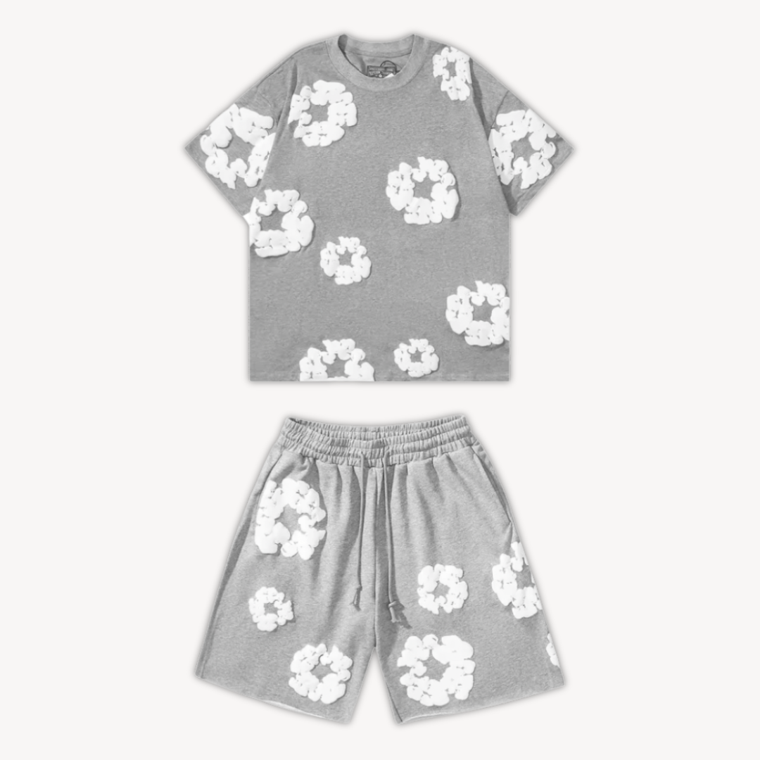 Eloro – Unisex Cotton Floral Set with Crew Neck Tee and Relaxed Shorts