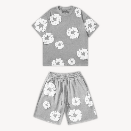 Eloro – Unisex Cotton Floral Set with Crew Neck Tee and Relaxed Shorts