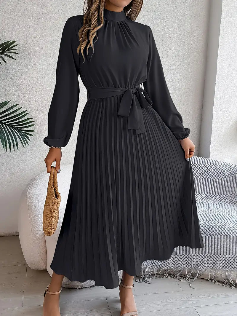 Eloro – Pleated Midi Dress with Belted Waist and Long Sleeves