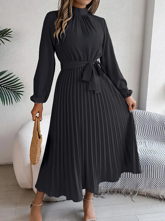 Eloro – Pleated Midi Dress with Belted Waist and Long Sleeves