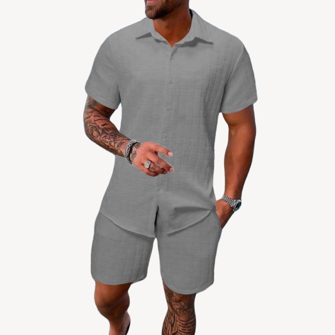 Eloro – Men’s Linen Blend Short Set with Button-Up Shirt and Drawstring Shorts