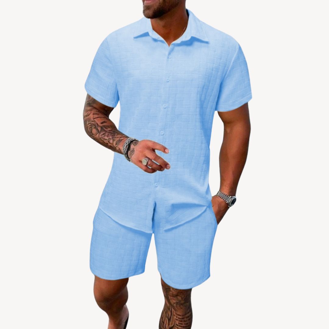 Eloro – Men’s Linen Blend Short Set with Button-Up Shirt and Drawstring Shorts