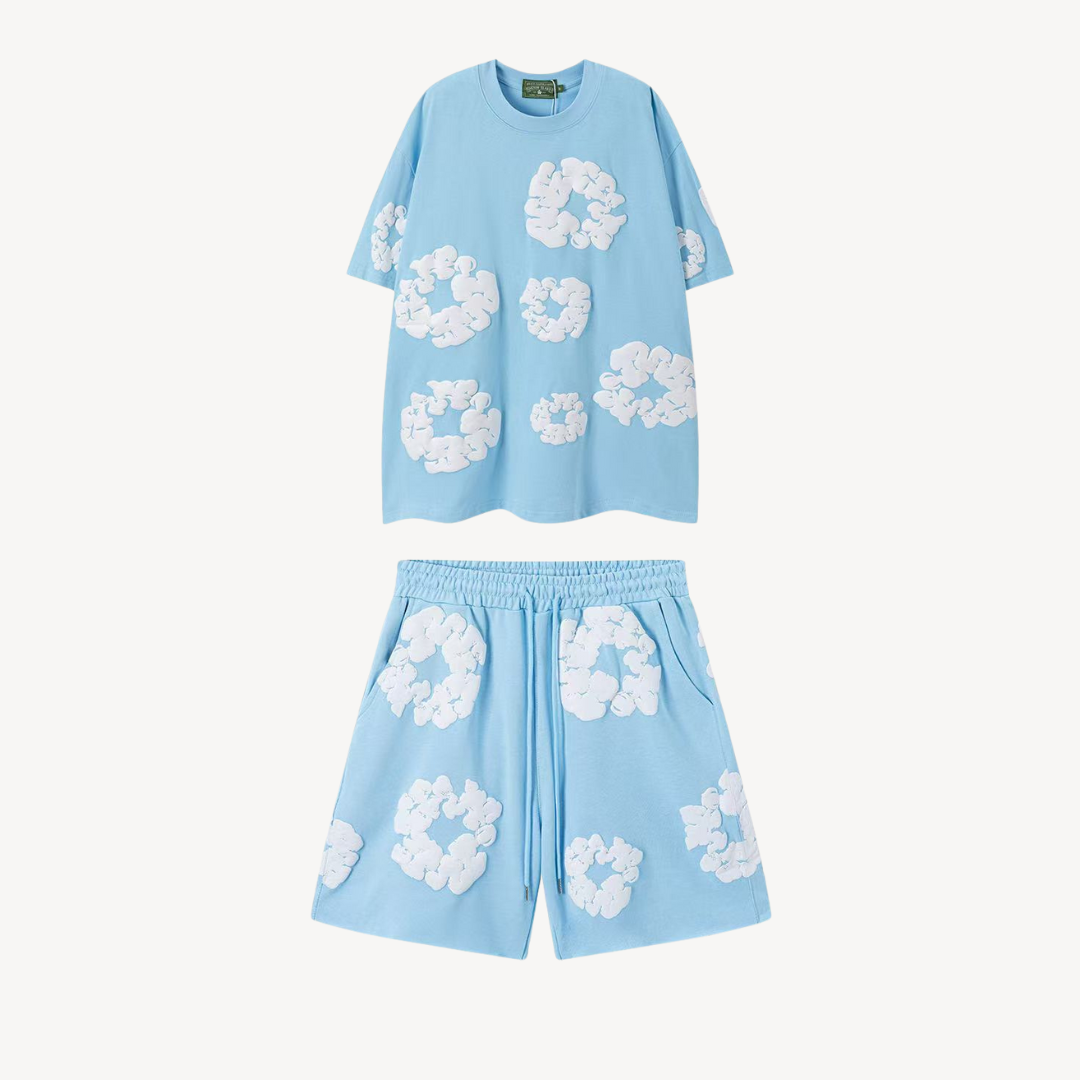 Eloro – Unisex Cotton Floral Set with Crew Neck Tee and Relaxed Shorts