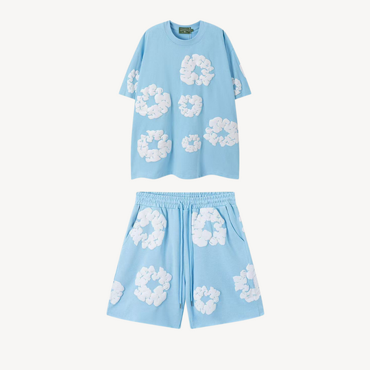 Eloro – Unisex Cotton Floral Set with Crew Neck Tee and Relaxed Shorts