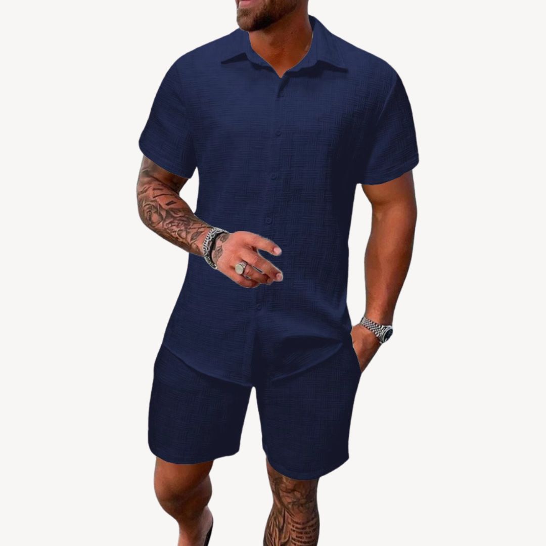 Eloro – Men’s Linen Blend Short Set with Button-Up Shirt and Drawstring Shorts