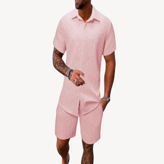 Eloro – Men’s Linen Blend Short Set with Button-Up Shirt and Drawstring Shorts